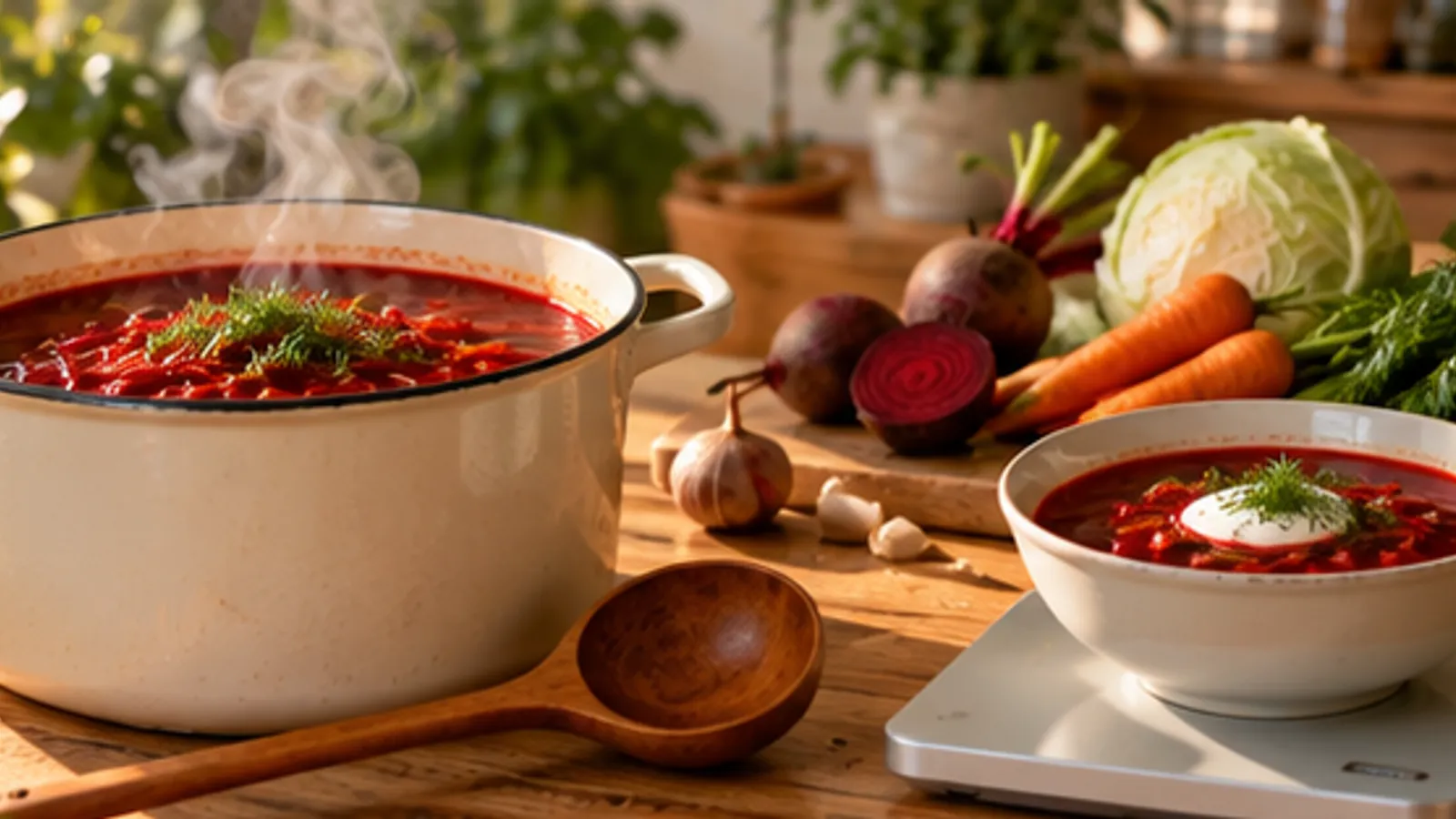Кастрюля борща на деревянном столе, рядом миска на кухонных весах, свёкла, капуста и морковь